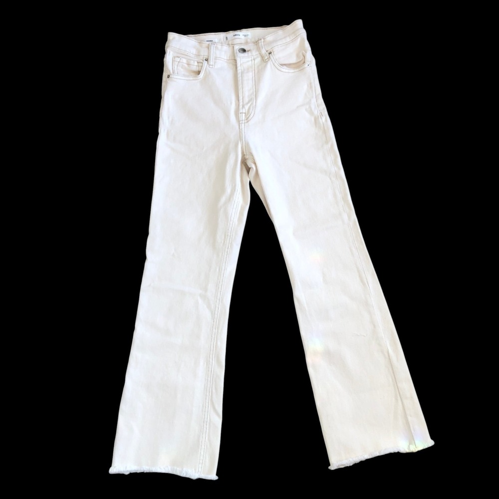 Mango Women's White Denim Sienna High-Rise Raw Hem Ankle‎ Bootcut Jeans Sz 4